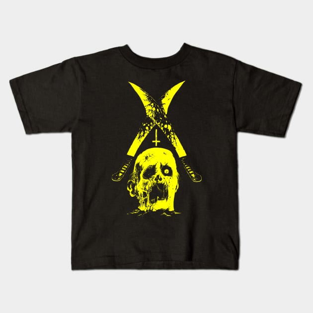 Severed head and two machetes (yellow version) Kids T-Shirt by wildsidecomix